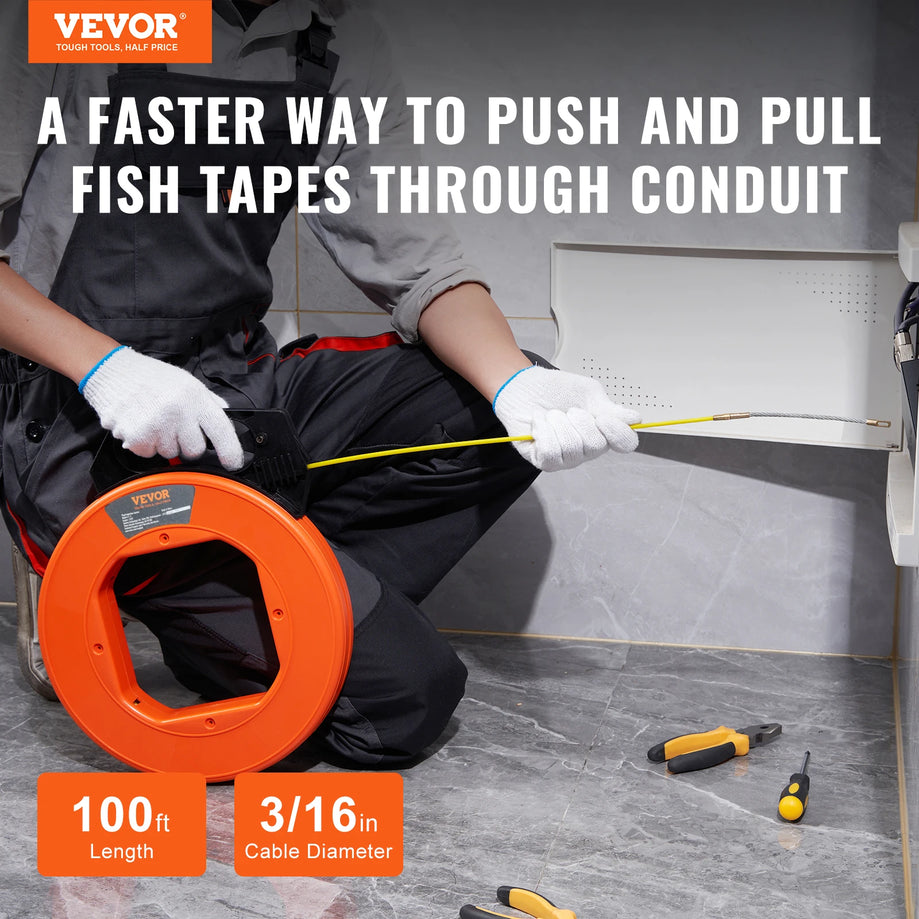 Fish Tape 100/240/125ft Fiberglass/Steel/PET Wire Puller with Optimized Housing and Handle