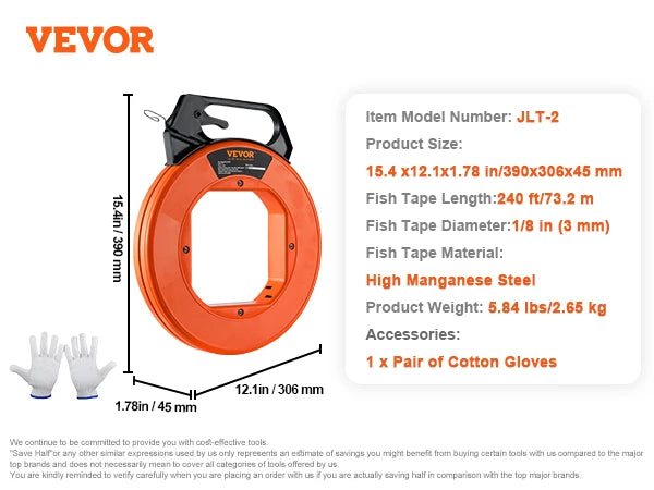 Fish Tape 100/240/125ft Fiberglass/Steel/PET Wire Puller with Optimized Housing and Handle