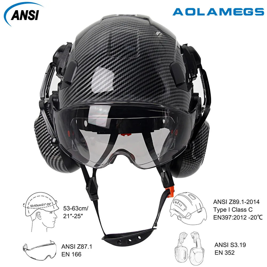 Safety Helmet W/Earmuffs & Double Goggles - Carbon Fiber