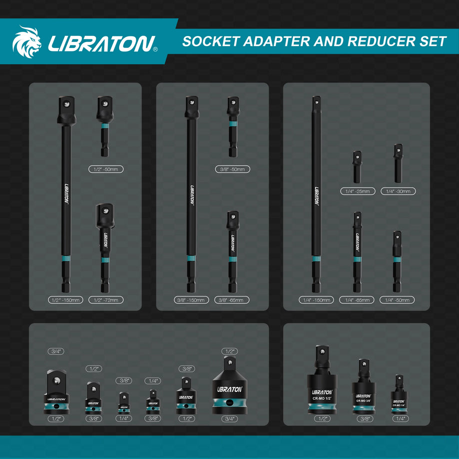 Socket Adapters and Reducer, Includes Universal Joints & Socket Adapter Extension