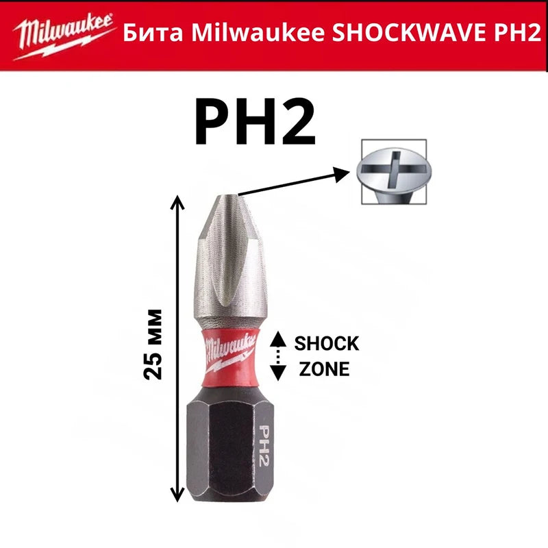 Milwaukee PH2 Impact Bits - 25 Pack
