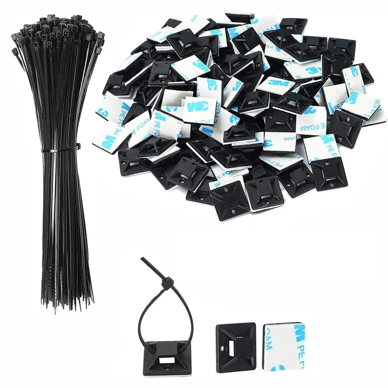 Self locking Zip Ties - Black w/Sticky Backs