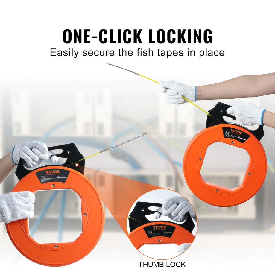 Fish Tape 100/240/125ft Fiberglass/Steel/PET Wire Puller with Optimized Housing and Handle