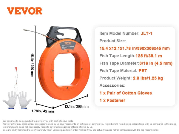 Fish Tape 100/240/125ft Fiberglass/Steel/PET Wire Puller with Optimized Housing and Handle