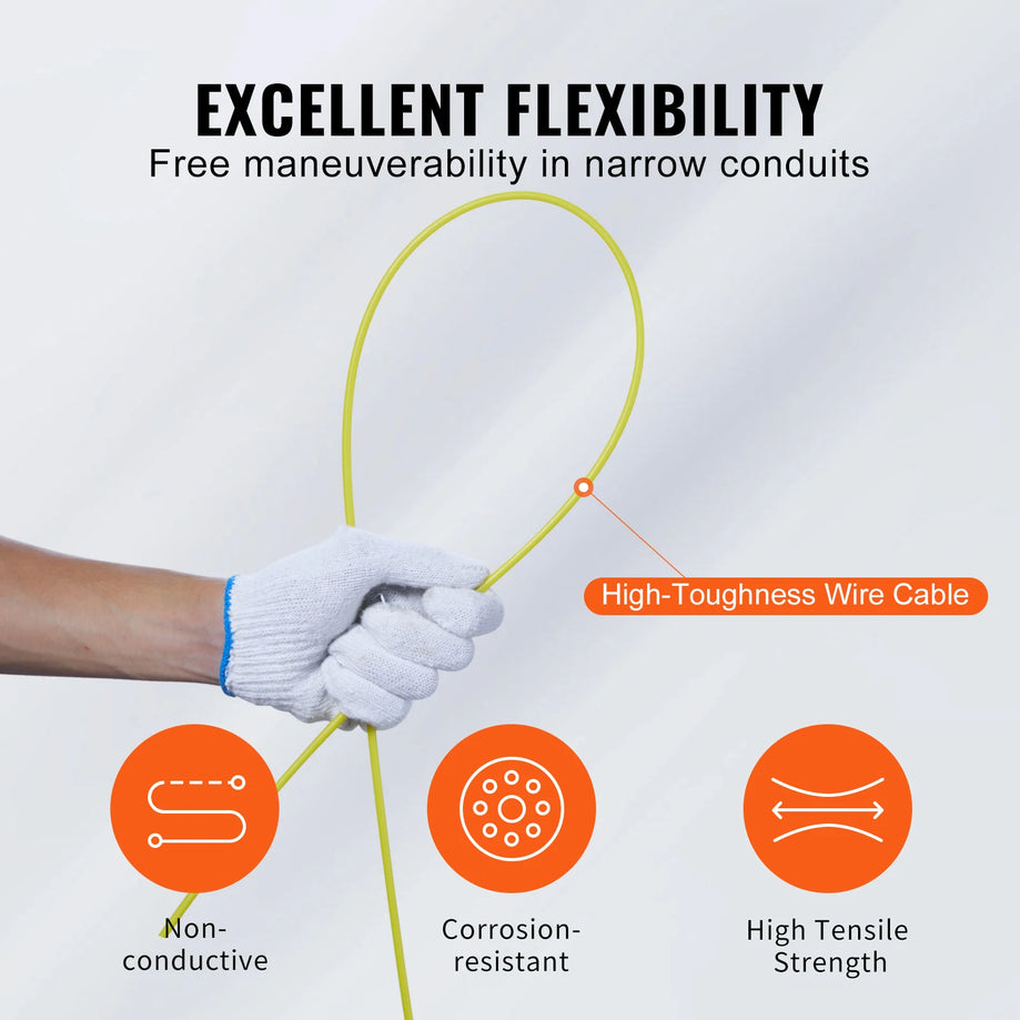 Fish Tape 100/240/125ft Fiberglass/Steel/PET Wire Puller with Optimized Housing and Handle