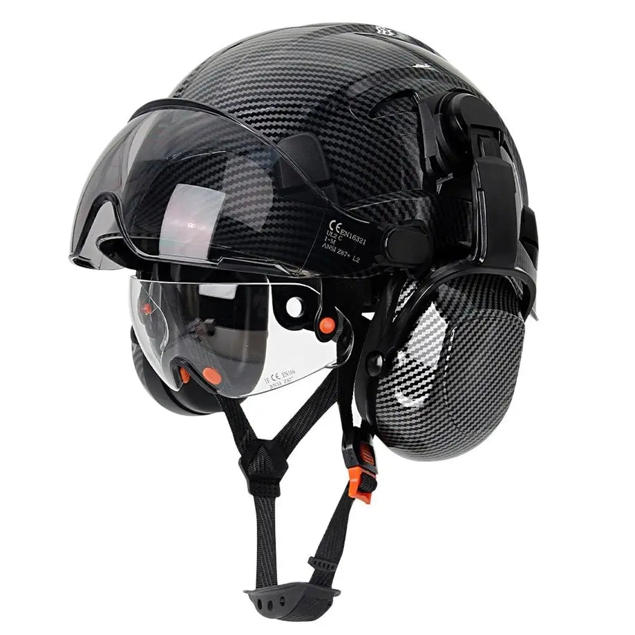 Safety Helmet W/Earmuffs & Double Goggles - Carbon Fiber