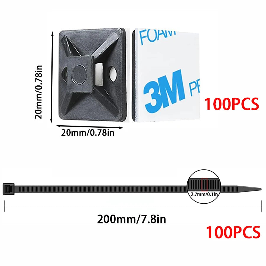 Self locking Zip Ties - Black w/Sticky Backs