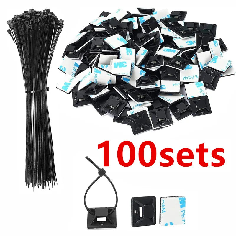 Self locking Zip Ties - Black w/Sticky Backs